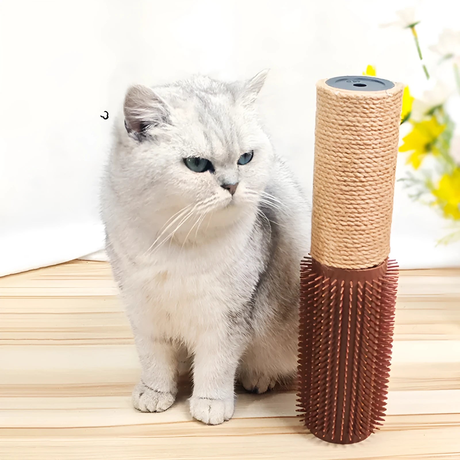 Brown sisal fibre cat scratching post on a wooden floor.
