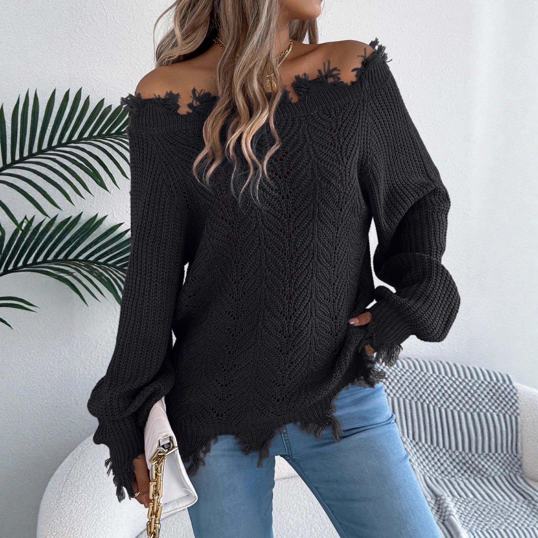 White hollow-out off-the-shoulder acrylic fibre pullover sweater with long sleeves