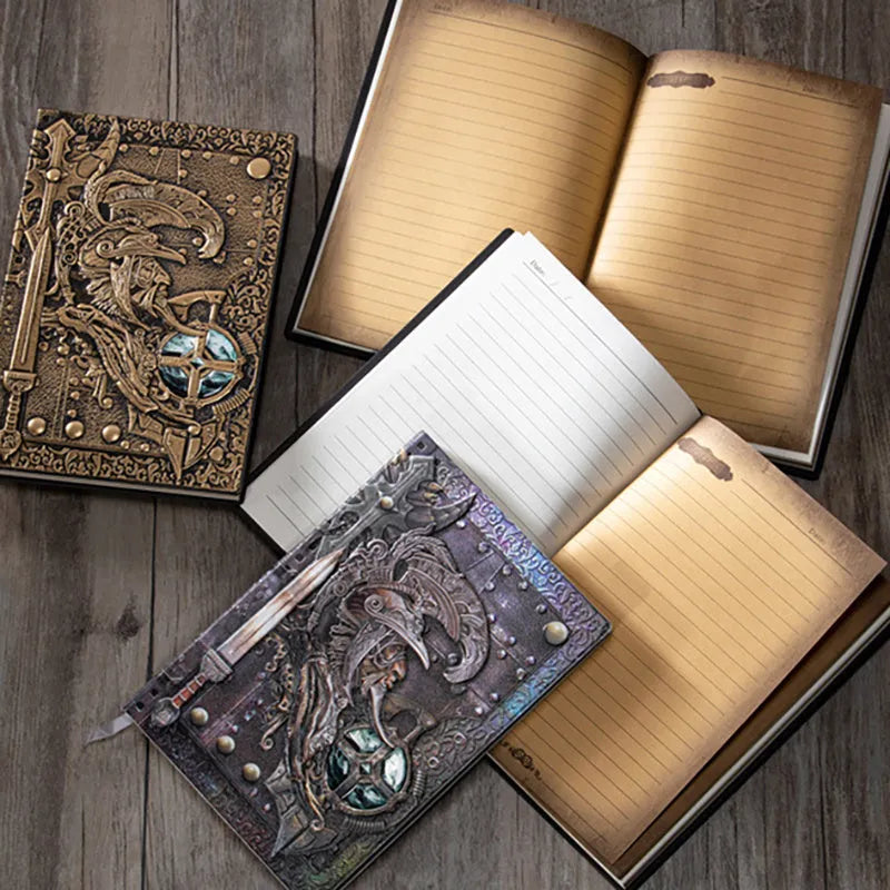 Handmade leather A5 notebook with 3D warriors relief embossed cover, open to show paper pages