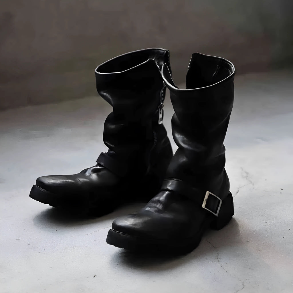 Men's black retro Martin ankle boots with round toe and side zipper