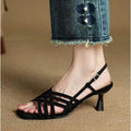 Retro-style women's ankle buckle high heel sandals with square toe and mid heel, shown in a neutral colour.