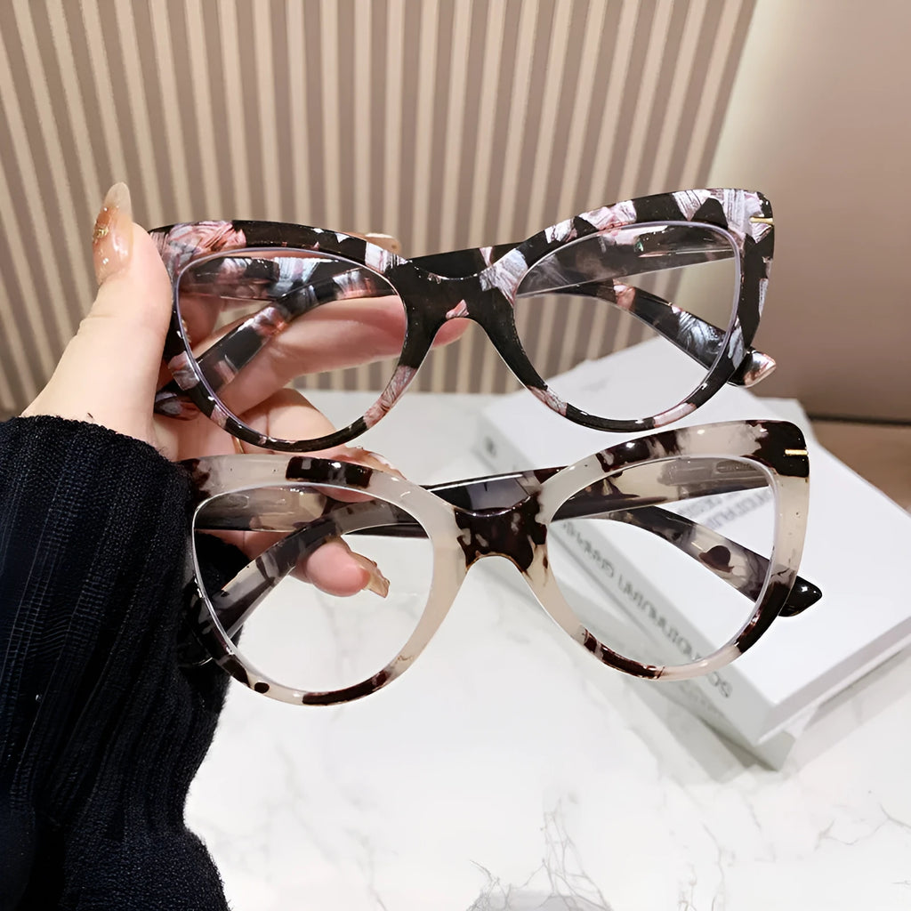 Women's cat eye reading glasses with floral pattern frame and prescription lenses for elderly wearers