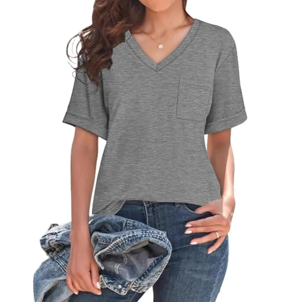 Grey loose-fit V-neck t-shirt with a chest pocket on a hanger.