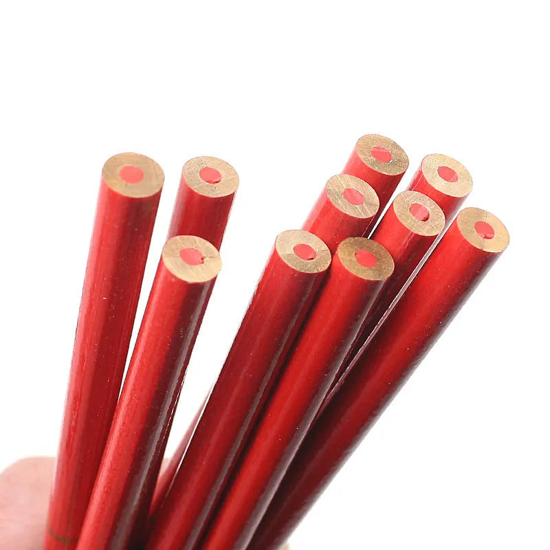 Pack of 10 red and blue two-colour wooden carpenter pencils for marking.