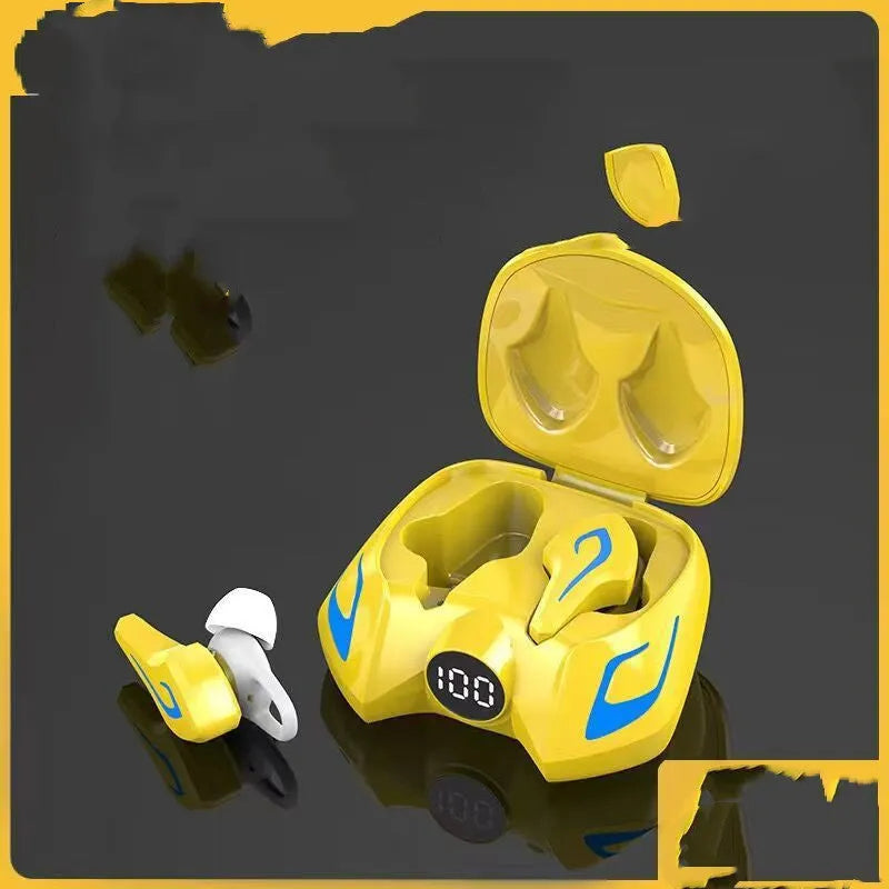 Wireless gaming earbuds in black grey, yellow, or cool black colours with earplug-style design