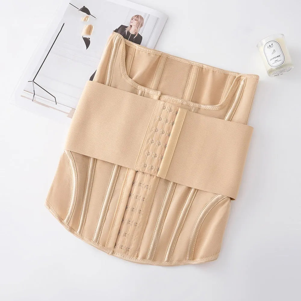 Nylon belly band waist trainer in black and apricot colours with adjustable belt tie