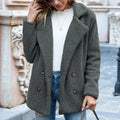 Women's fluffy loose lapel button coat in polyester available in twelve colours with sizing chart