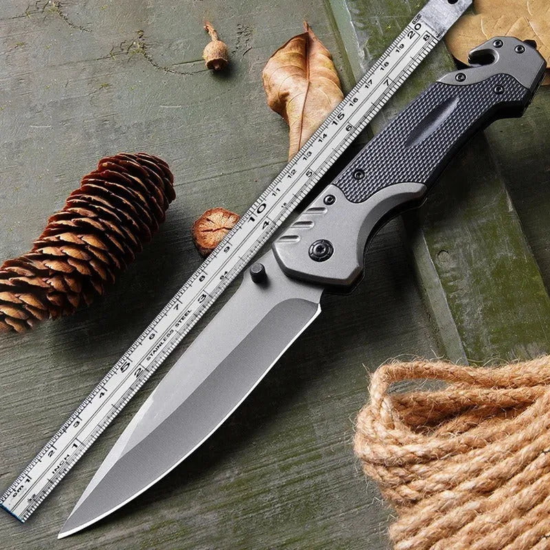 Folding knife with alloy blade and textured handle for outdoor use