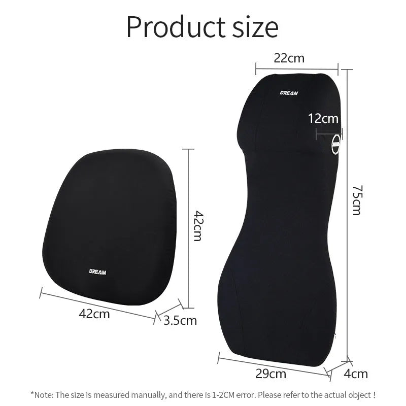 Black automotive memory foam cushion and lumbar support pillow set on a car seat.