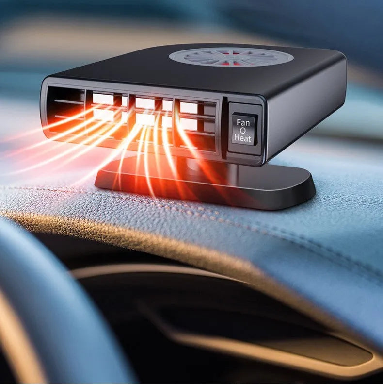 Black vehicle-mounted heater on car dashboard with adjustable vents for defrosting and defogging.