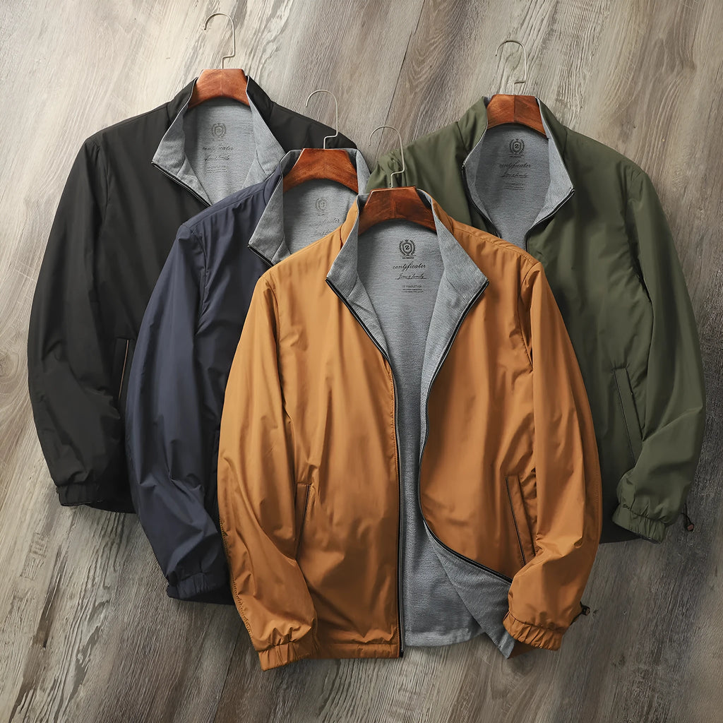 Men's simple stand collar jacket in Army Green, shown in a regular fit for business casual wear.