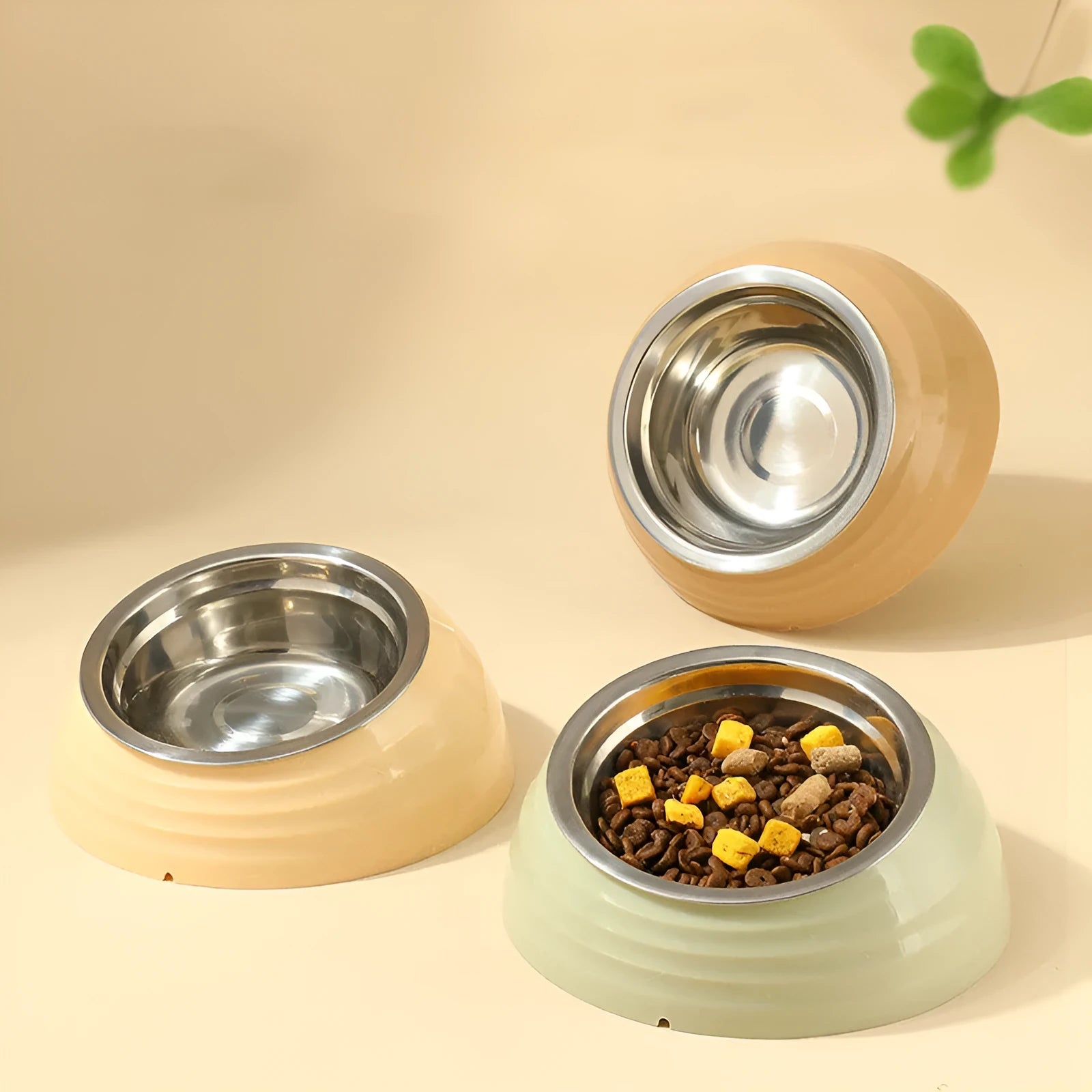 Plastic single cat bowl feeder in light green, beige, or brown colour.
