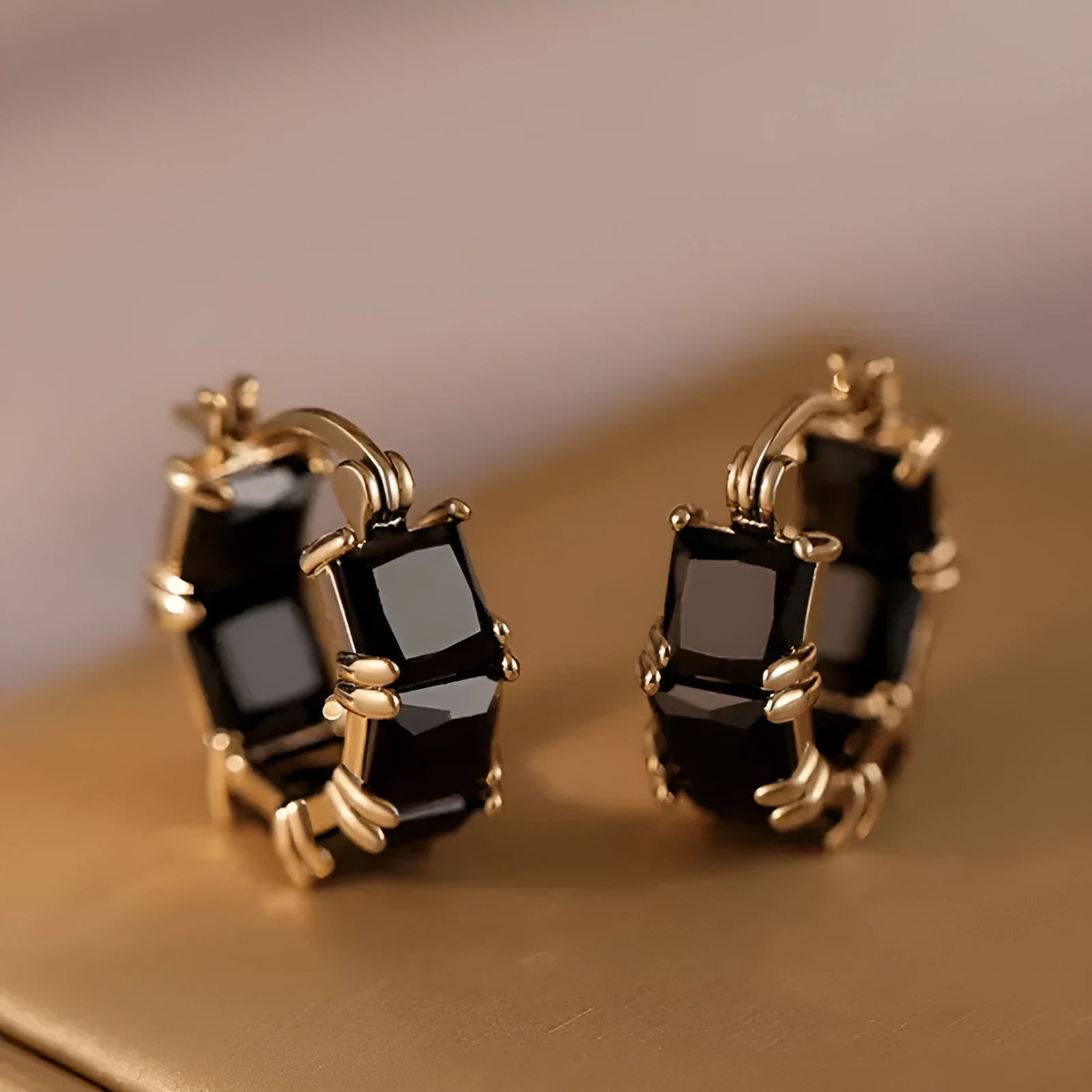 Geometric U-shaped gold-plated earrings with crystal zirconium decoration in black, pink or white options