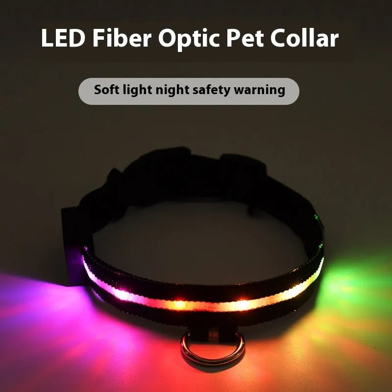 Black LED luminous dog collar with matching 120cm hand rope, polyester, available in S, M and L