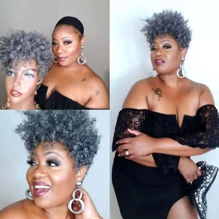 Women's short synthetic wig with simple rolls style in Kanekalon hair, showing exotic design.