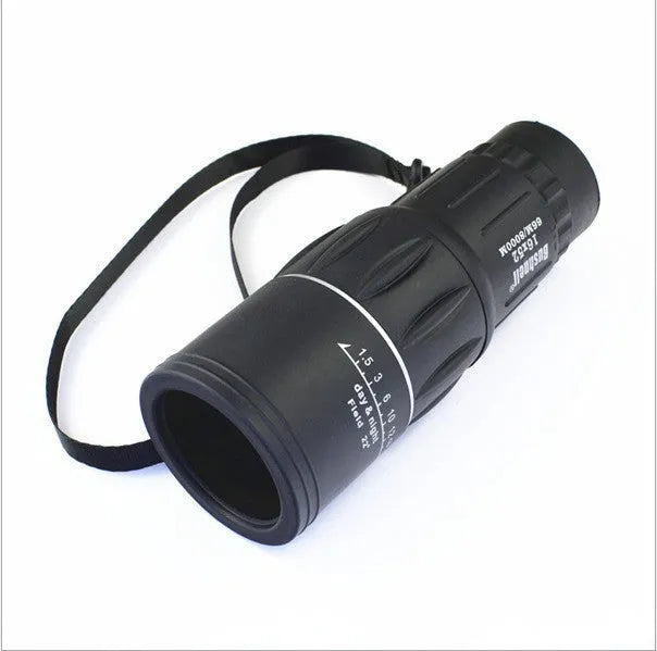 Black 16x52 high power monocular telescope with wide-angle lens and eyepiece focus adjustment.