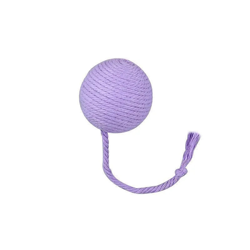 Colourful cat toy ball with rope attachment and internal bell for interactive kitten play