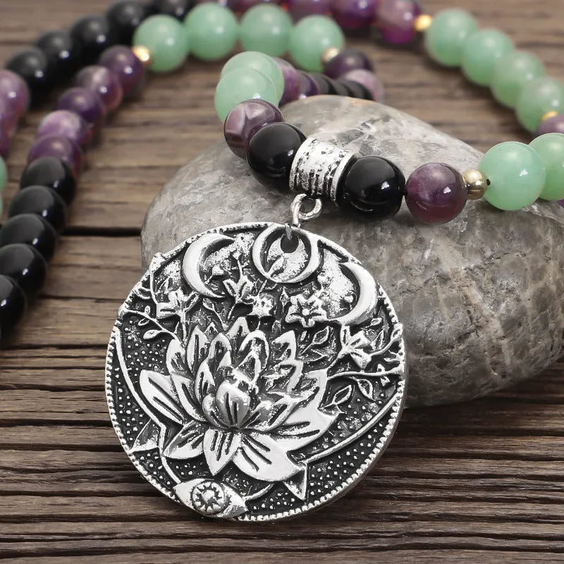 Donglong yoga lotus pendant necklace and bracelet set with stone beads