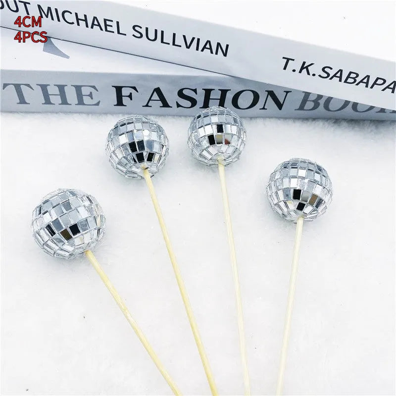 Glass disco ball cake decoration on wooden stick in various sizes from 2.5cm to 5cm diameter