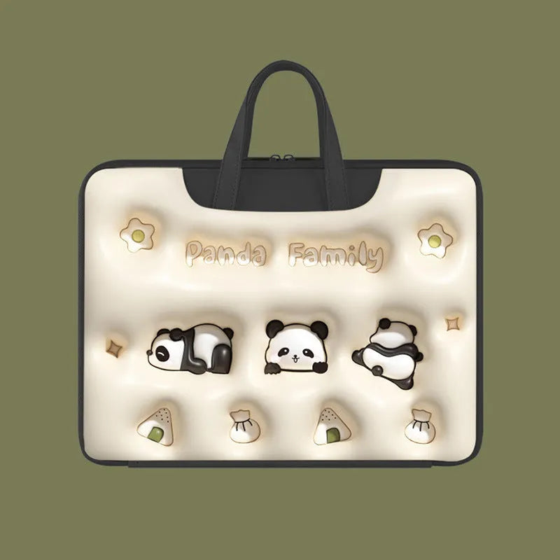 Inflatable PU leather laptop bag with cartoon print hanging from a suitcase handle