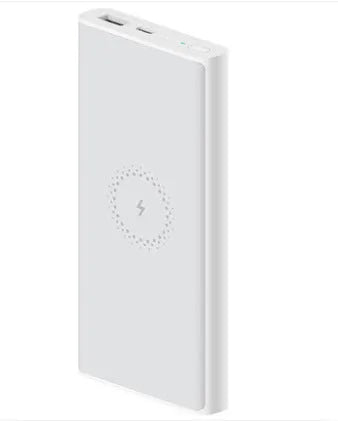 Black and white 10000mAh capacity power bank with wireless charging and USB ports