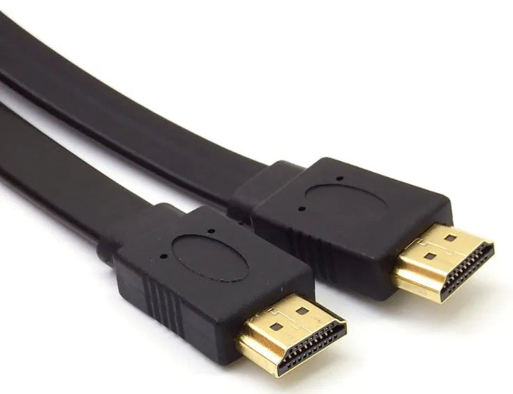 A flat black HDMI cable with male connectors on a white background.