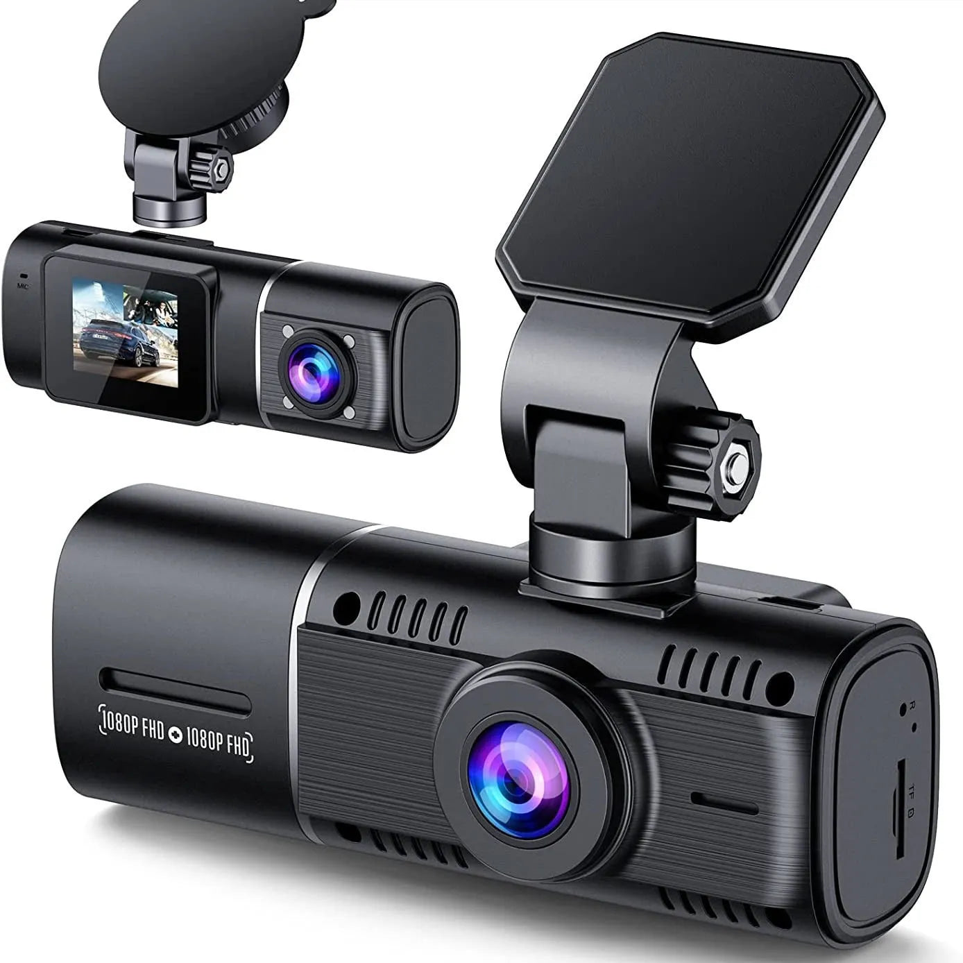 Standard black dual-channel dashboard camera with a 1.5-inch screen, shown with car charger and mounting stand.