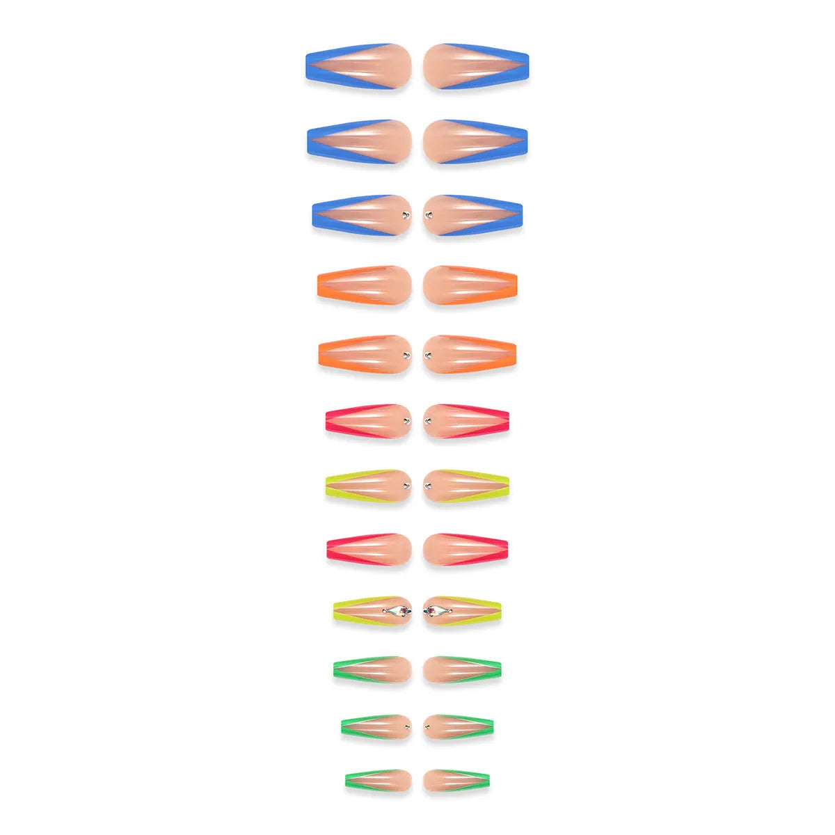 Detachable false nail tips with diamond colour French style and red cartoon heart patterns.