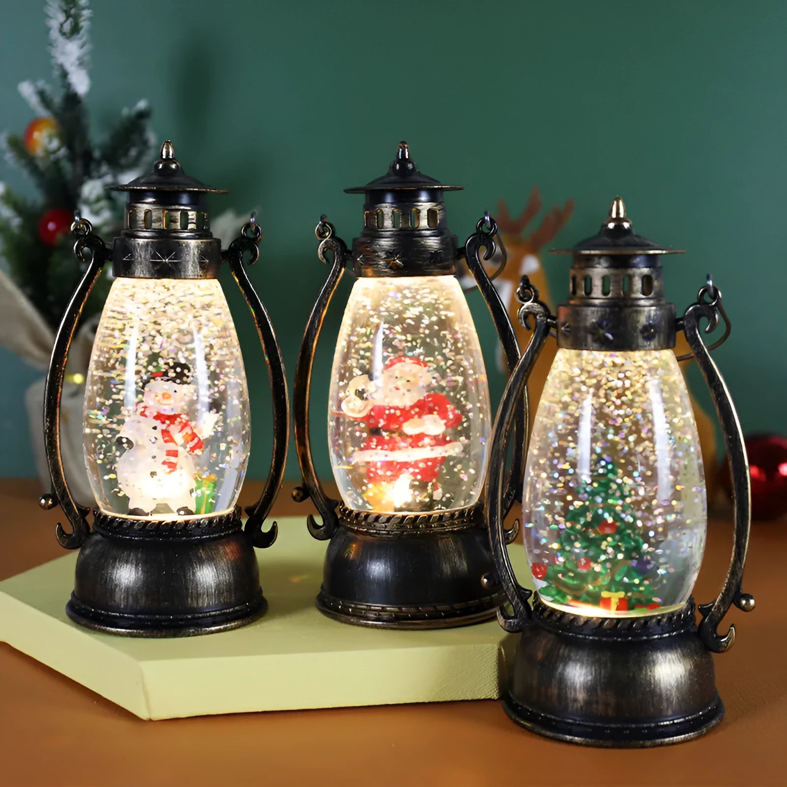 Crystal ball LED oil lamp Christmas decoration with snow globe effect showing detailed figurine scene