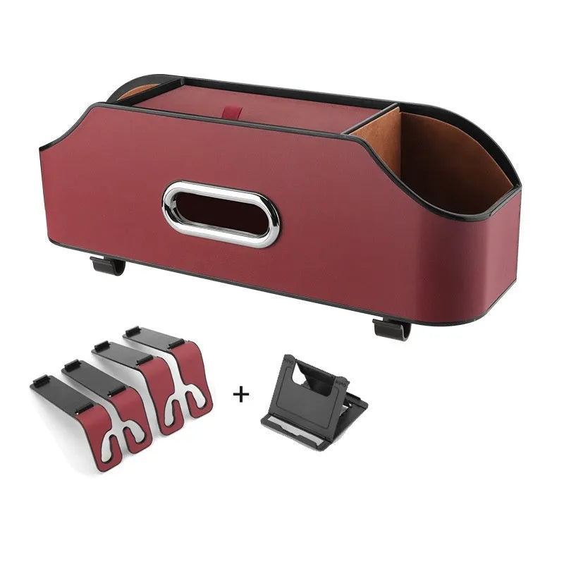 Genuine leather car tissue box organiser with integrated cup holder and buggy bag