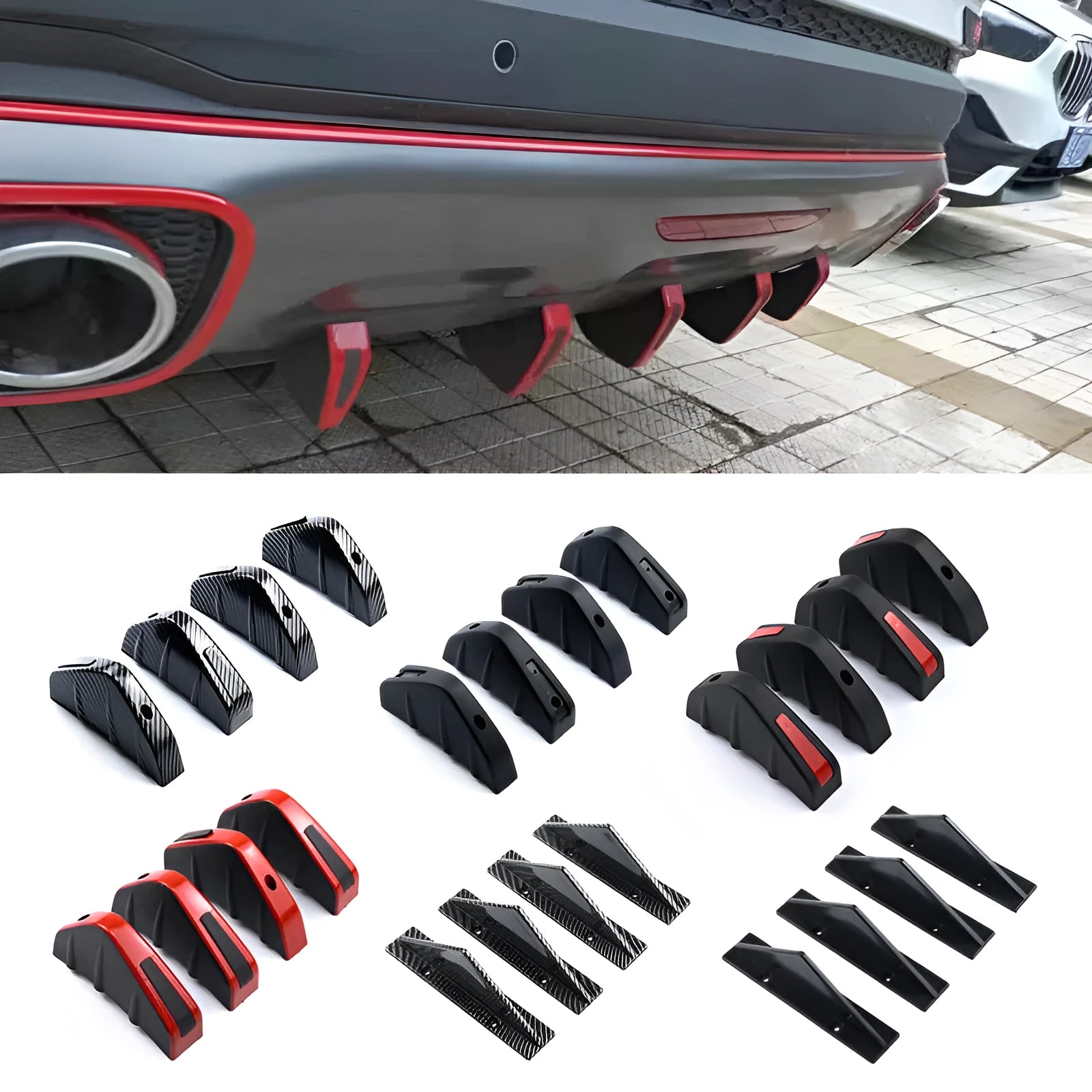 Black and carbon fibre universal 15cm triangle rear car spoiler with adhesive and screws.