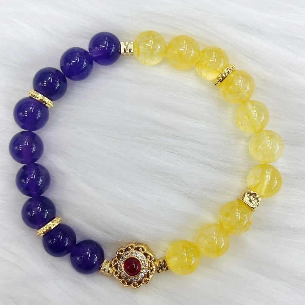 Handmade women's amethyst crystal bracelet with yellow and purple beads