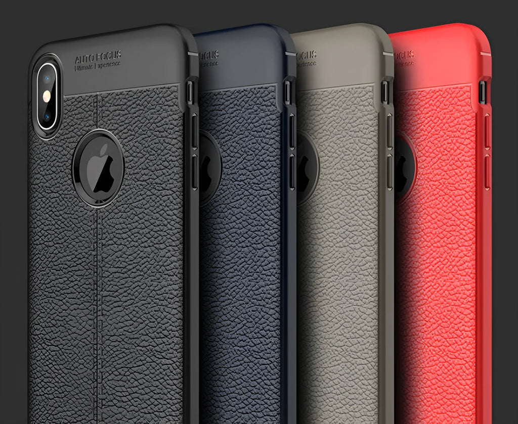 WeFor black PU leather texture phone case for OnePlus 6, 5, and 5T smartphones with included screen protector.