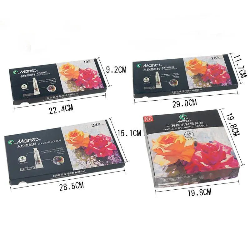 Gouache paint set boxes showing 12, 18, and 24 colour options with 5ml and 12ml tube sizes