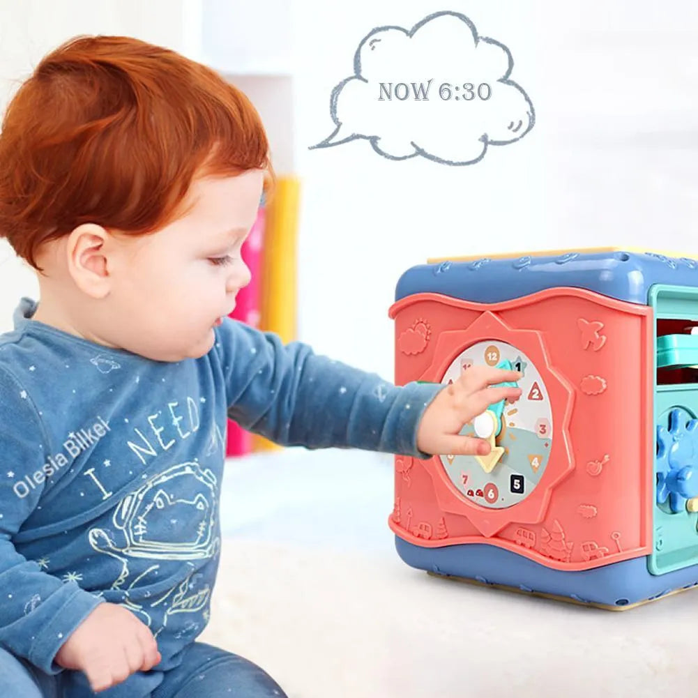 Six-sided baby educational toy cube showing multiple activity faces including bead maze and gear connections