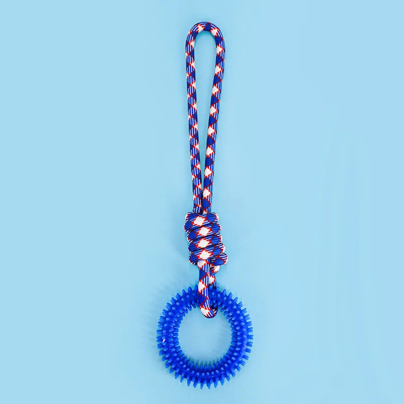 Bite resistant colourful braided rope dog toy with knots, measuring 43cm in length