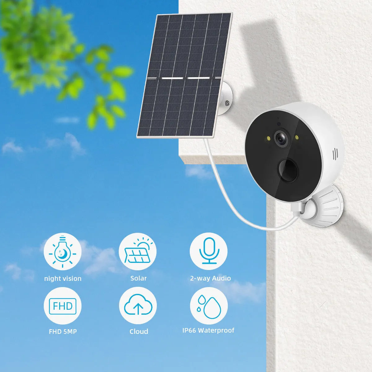 Outdoor solar-powered 1080P monitoring camera with solar panel for continuous battery charging