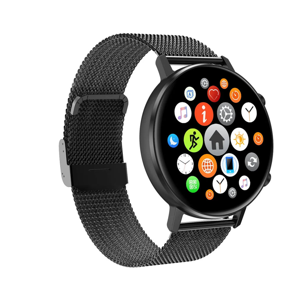 DT96 smart fitness bracelet with steel strap on wrist, showing 1.3 inch screen displaying time.