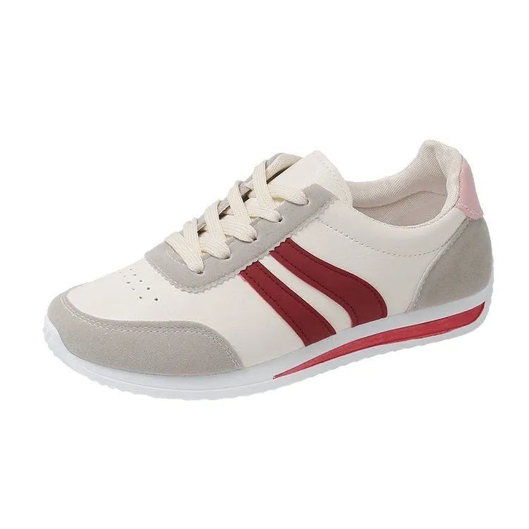 Red and blue low-top lace-up leisure sneakers with PU mesh upper and rubber sole.