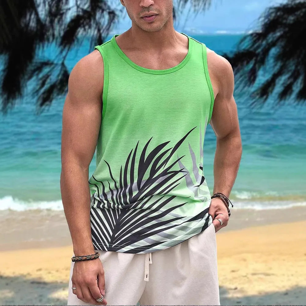 Men's 3D printed sleeveless vest T-shirt in Hawaiian style solid colour design