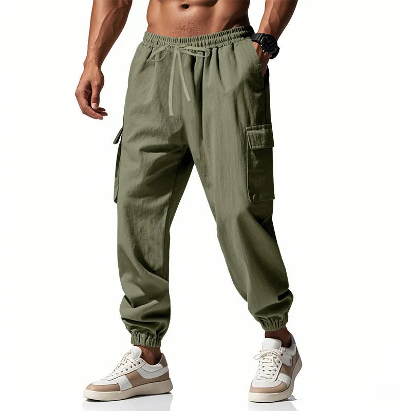 Men's ankle-tied casual trousers in linen fabric with multi-pocket design and drawstring waist