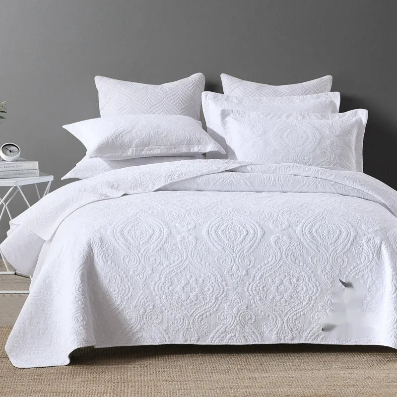 Pure cotton bed cover three-piece set in solid colours with embroidery detail for standard double beds