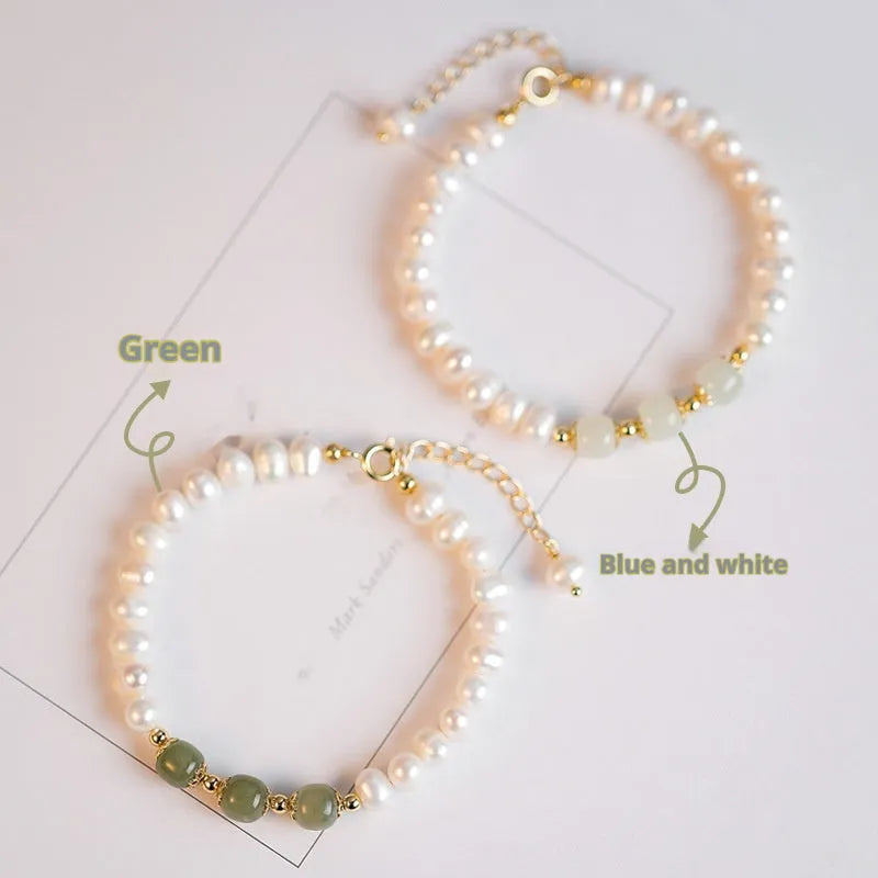 Natural freshwater pearl bracelet with diamond-shaped pearls in Hetian jade colours