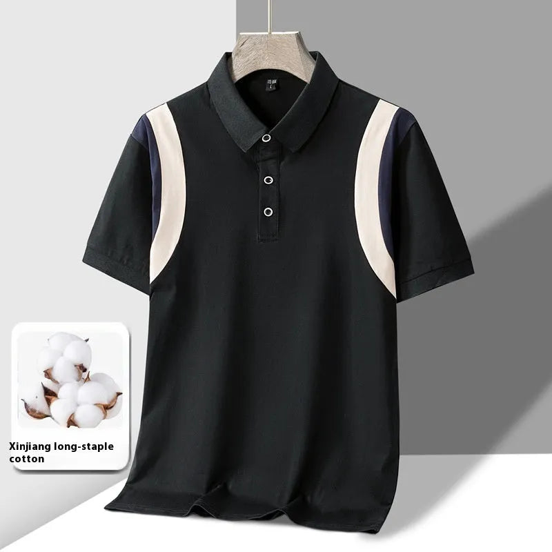 Men's striped cotton short-sleeved T-shirt with business lapel in loose Korean-style fit.