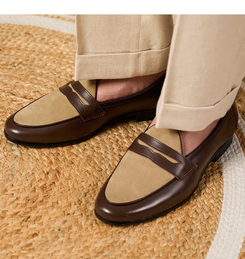 Coffee grey suede leather men's slip-on loafers with a rubber sole.