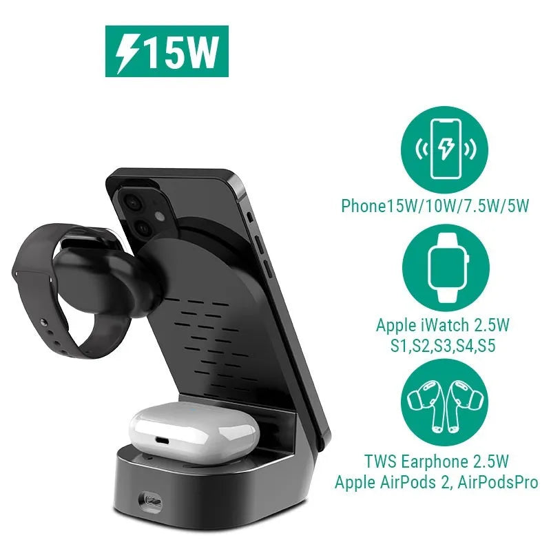 Black grey foldable 3-in-1 wireless charging stand for phone, watch, and earbuds.