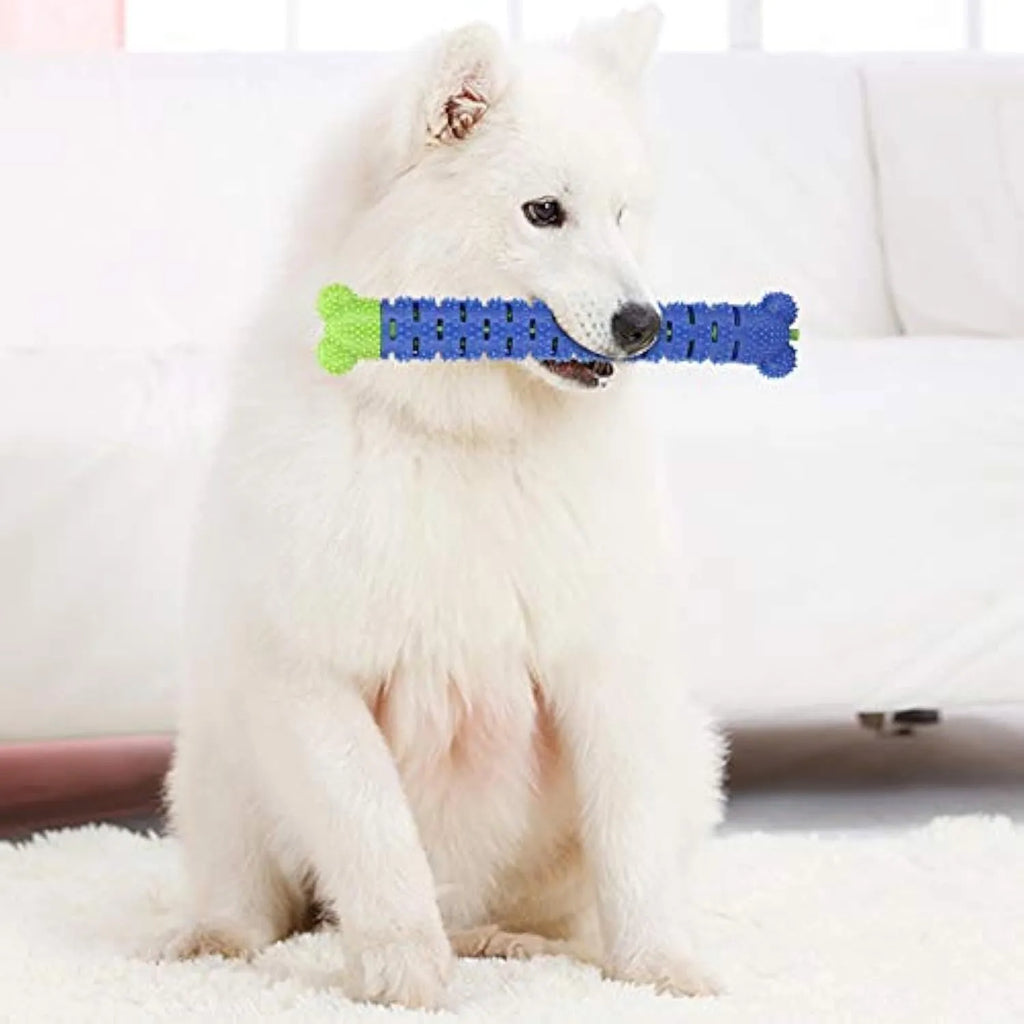 Blue and green dog dental cleaning stick with silicone nodules and serrated brush head design