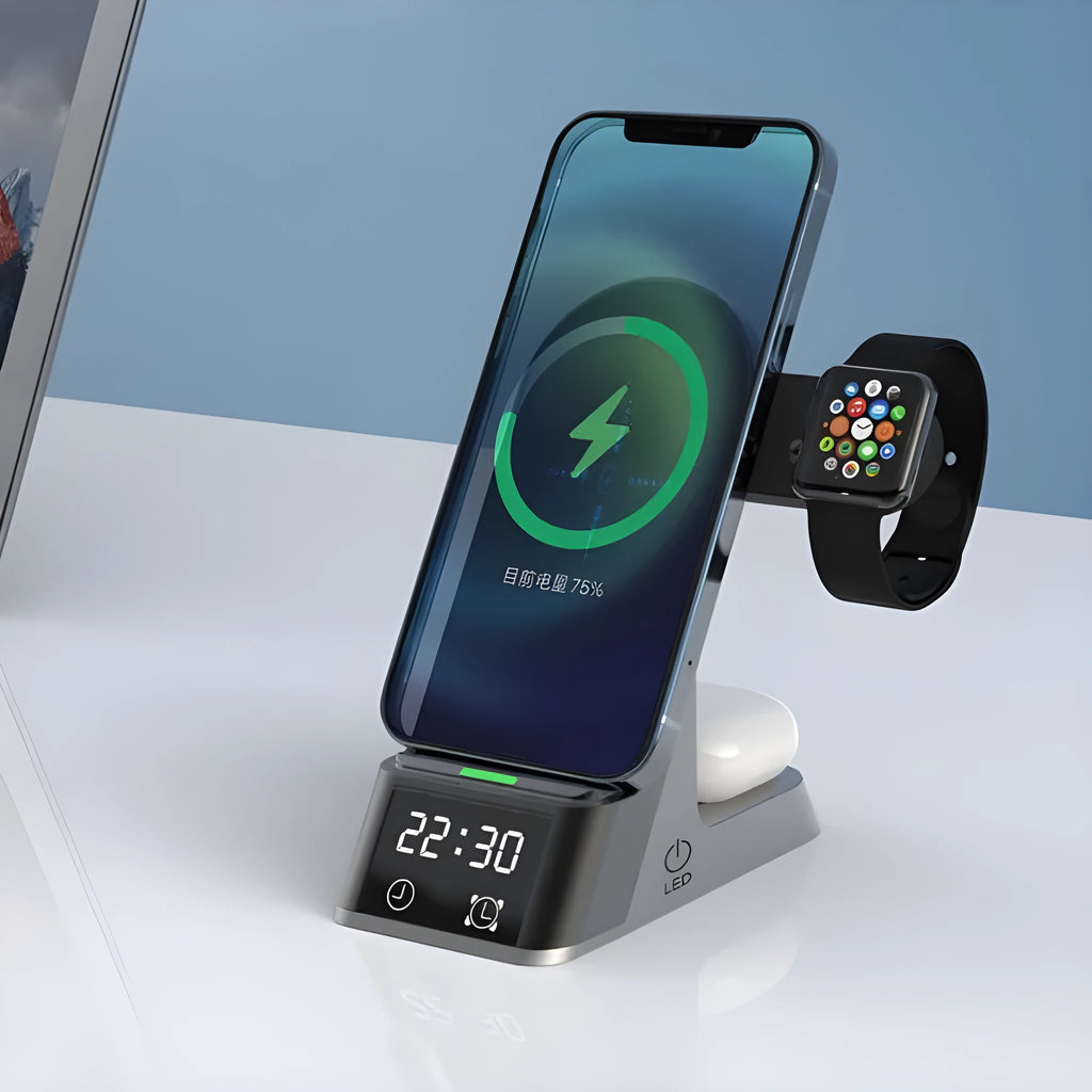 Black six-in-one alarm clock wireless charging station with display and charging surface