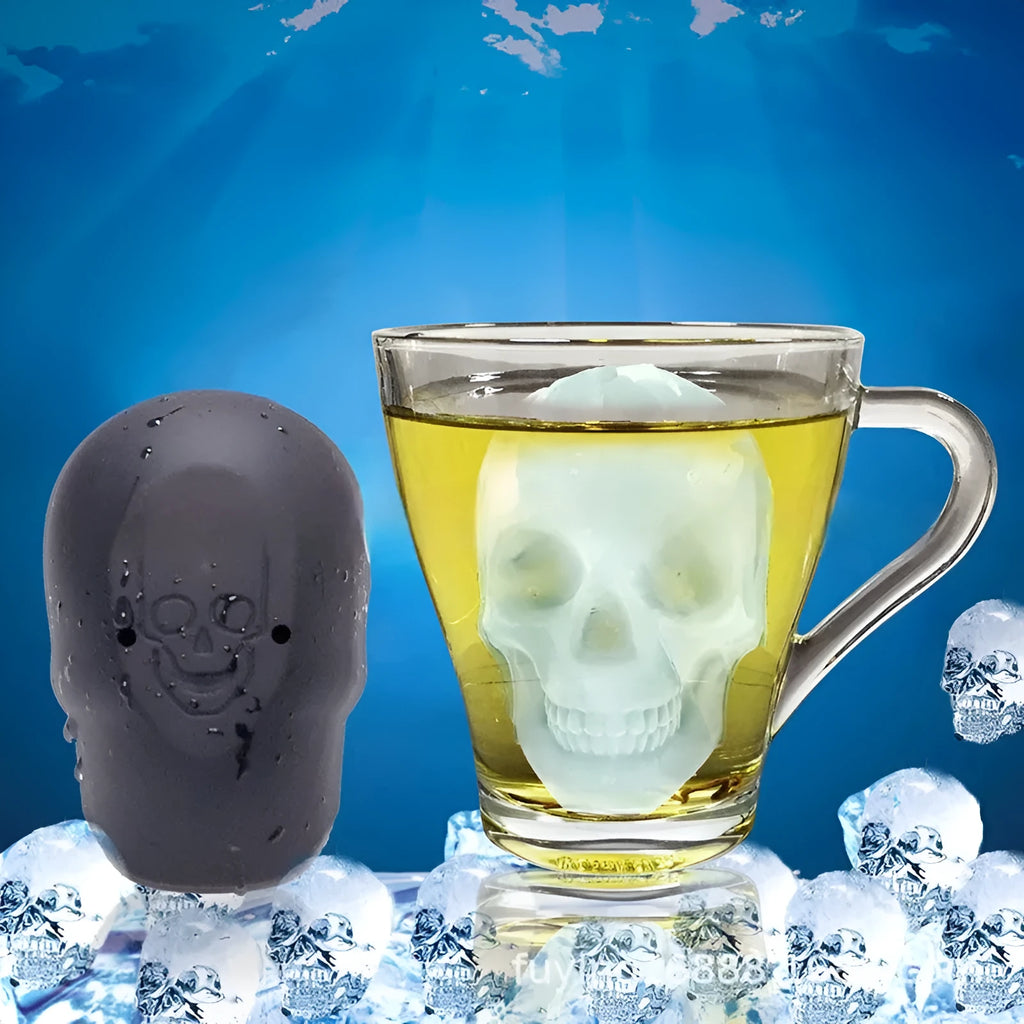 3D Halloween skull-shaped silicone ice cube tray on a table.