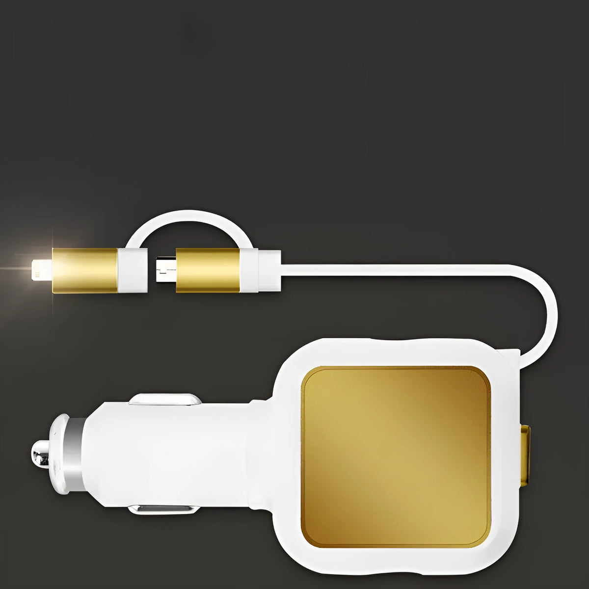 Black and gold dual USB car charger with retractable cable shown plugged into vehicle socket